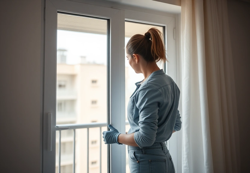 Representação visual de Trabalhadora é vista limpando janela de apartamento sem segurança em BH